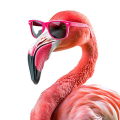 A flamingo wearing sunglasses and a hat