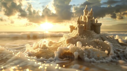 A sand castle on the beach on a bright summer day. The concept of recreation, vacations, tourism.