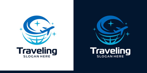 Traveling Logo design. Globe logo with airplane design graphic symbol icon vector