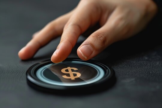 the hand presses the button with the currency icon