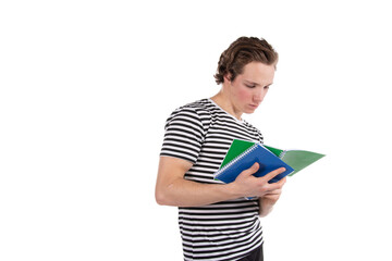 Attractive young guy and studying. Happy student.