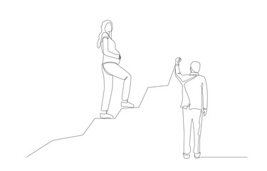 Continuous one line drawing of pregnant woman walking on uptrend graph drawn by businessman, government policies to increase fertility rate concept, single line art.