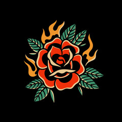 old school rose tattoo with fire illustration