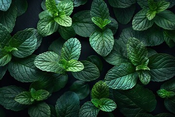 mint leaves pattern on a black background