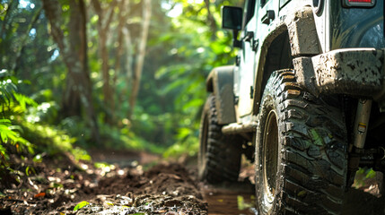Zoomed-in view of rugged off-road vehicle navigating through lush forest trail its sturdy build and...