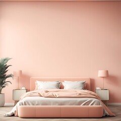  Bedroom in pastel tone peach fuzz color trend 2024 year panton furniture and background. Modern luxury room interior home design. Empty painting wall for art or wallpaper, pictures, art. 3d render 