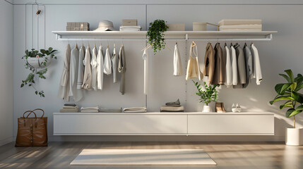 Wardrobe organizers with clothes hanging on shelf near - Powered by Adobe