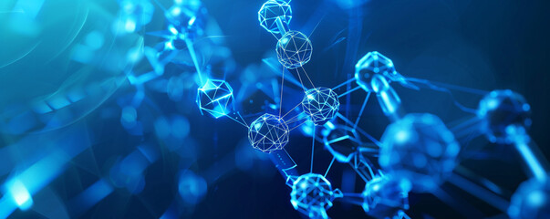 Neon blue background with futuristic molecular networks high-tech molecular structures depicted with vibrant, polygonal connections in a sleek, modern aesthetic.