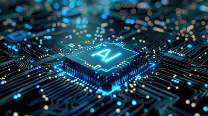 Artificial intelligence chip concept attached to digital circuit board, Generative Ai illustration