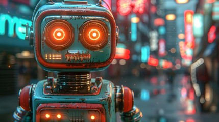 夜の路地とかわいいロボット,Generative AI AI画像 - obrazy, fototapety, plakaty
