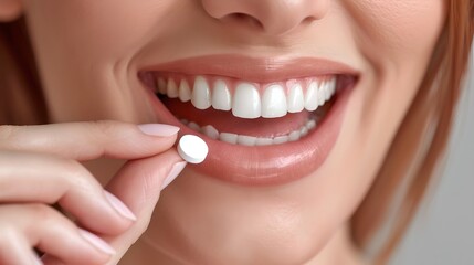 Fototapeta premium Close-up of Woman with Bright Smile Holding Pill Between Teeth. Health, Beauty Concept. Dental Care. Perfect Teeth. AI