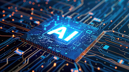 Artificial intelligence chip concept attached to digital circuit board, Generative Ai illustration