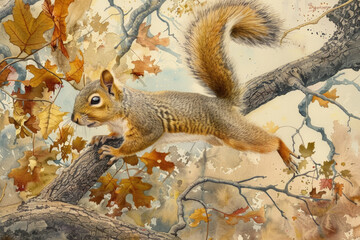 Obraz premium A painting featuring a squirrel perched on a tree branch, showcasing the animals natural habitat