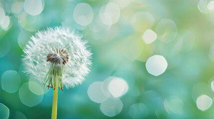 White dandelion flower on green background closeup