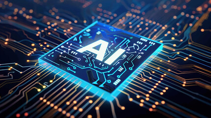 Artificial intelligence chip concept attached to digital circuit board, Generative Ai illustration
