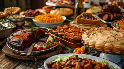 A close-up of a table overflowing with traditional Juneteenth dishes like barbeque, red velvet cake, and sweet potato pie