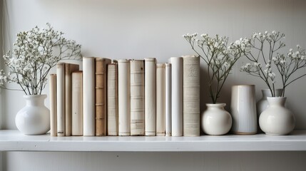 Clean white books on a white self, reflecting the simplicity and sophistication of a modern home interior. 