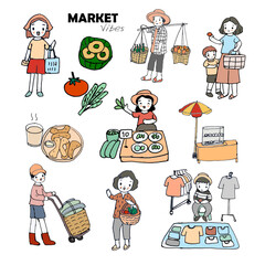 People buying and selling goods at street food seasonal market. Hand drawn cartoon vector illustration