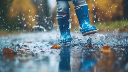 A close-up of kids' rain boots jumping in a puddle of water in the rain © Christian