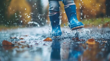 A close-up of kids' rain boots jumping in a puddle of water in the rain