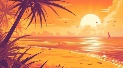 Sun Kissed Shores: Beach Sunset with Pink Sky