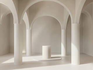 Serene archway structure with cylindrical elements in a soft light ambience.