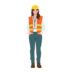 Young caucasian woman engineer in hardhat and safety vest. Flat vector illustration isolated on white background
