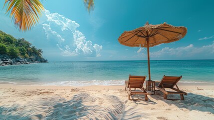 Two wooden sun loungers and a straw umbrella on a pristine beach with a clear blue sky, palm trees, and turquoise sea, depicting relaxation