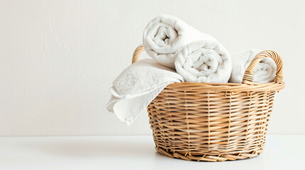 Fototapeta na wymiar Wicker basket with clean rolled towels on white background