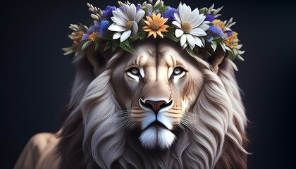 Close up of a majestic lion wearing a flower crown of daisies and sunflowers