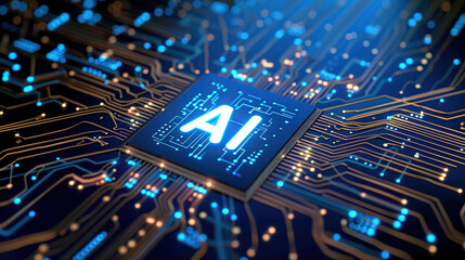 Artificial intelligence chip concept attached to digital circuit board, Generative Ai illustration