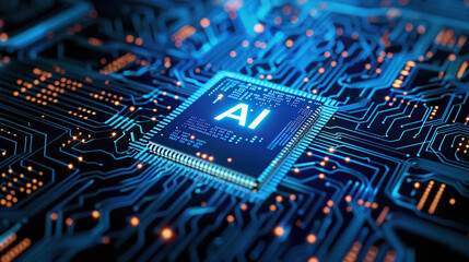 Artificial intelligence chip concept attached to digital circuit board, Generative Ai illustration