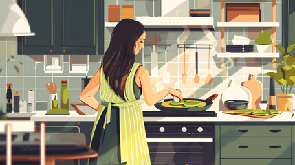 Woman cooking tasty green pancakes in kitchen