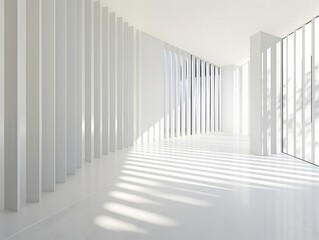 Naklejka premium A spacious minimalist interior with white columns casting shadows on a sleek floor.