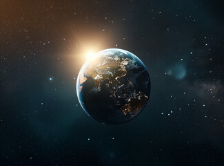 Fototapeta premium The background image features the Earth with the sun rising in the center, set against a backdrop of stars in a cinematic style. The Earth is depicted with vivid colors and dynamic lighting