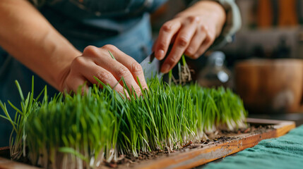 Woman cutting sprouted wheat grass closeup