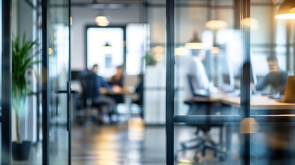 Bright business workplace with people in walking in blurred motion in modern office space