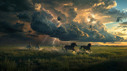 Prairie storm, dark skies, lightning, free-running wild horses.