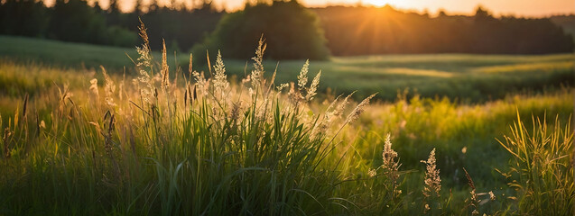 Discover the rustic allure of summer, a colorful pastoral panorama featuring lush green meadows and tall flowering grasses bathed in the warm glow of sunrise or sunset.