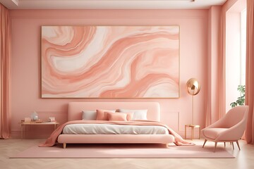  Bedroom in pastel tone peach fuzz color trend 2024 year panton furniture and background. Modern...