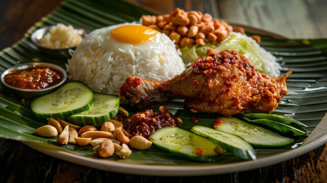 A steaming plate of fragrant nasi lemak (coconut rice) served with fried chicken, sambal, cucumber slices, a fried egg, and roasted peanuts. Capture the vibrant colors and textures on a banana leaf.