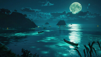 Lagoon under moonlight, bioluminescent glow, canoes on tranquil water.