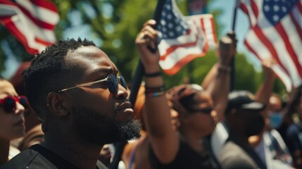 The American flag displayed prominently at a Juneteenth celebration, with a focus on the ongoing struggle for true equality