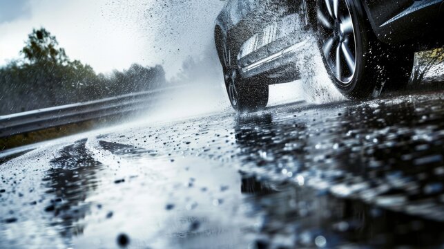 A car hydroplaning on a wet road, tires losing traction and spraying water as it careens towards a guardrail. 