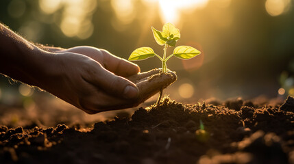 Obraz premium hands with seedlings on sunset background. Spring concept, nature and care.
