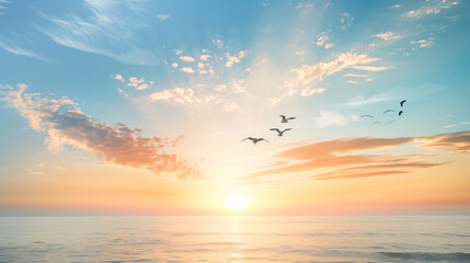 A serene sunrise scene featuring birds flying in the sky, symbolizing hope and new beginnings for World Wildlife Day.The tranquil atmosphere and soft hues of the sunrise evoke a sense of peace and red