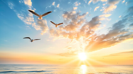 A serene sunrise scene featuring birds flying in the sky, symbolizing hope and new beginnings for...