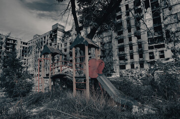 destroyed and burned houses in the city during the war in Ukraine