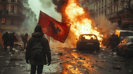A poignant scene unfolds as a man, flag in hand, faces the burning car and the sea of protesters, reflecting the widespread discontent and clashes with governmental authority.