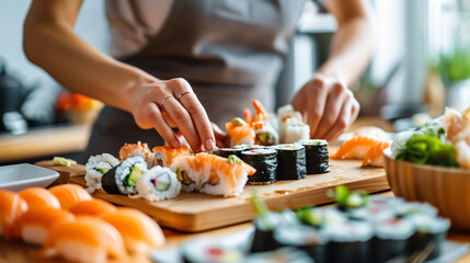 Woman preparing sushi rolls on light background closeup